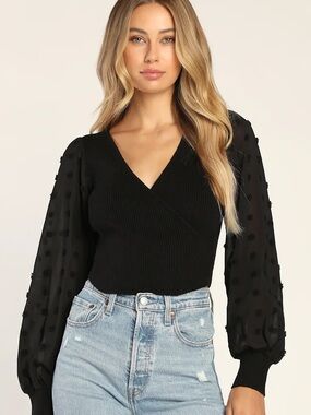 Vestique Black Textured Wrap Sweater with Embellished Puff Sleeves